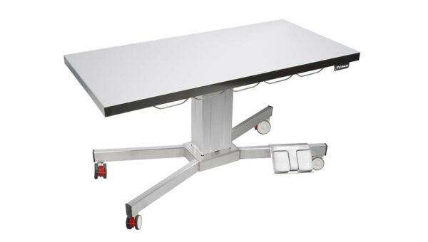 Table consultation pied X, plateau plat inox, 4 roues, colonne électrique