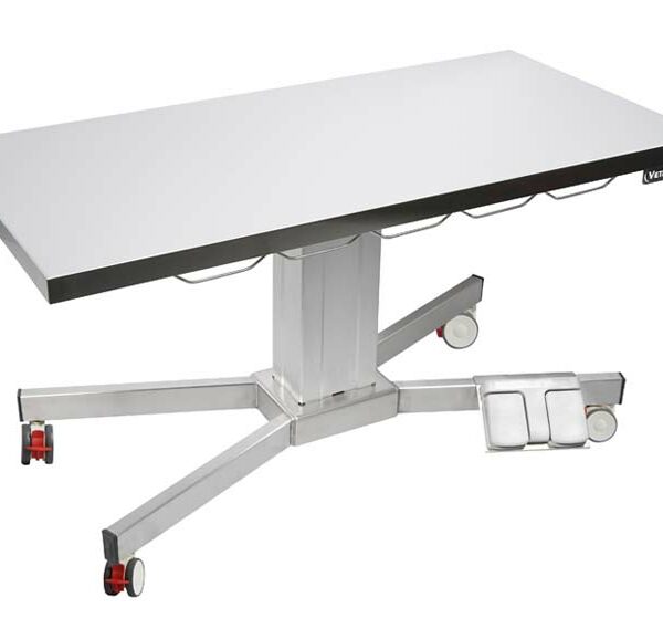 Table consultation pied X, plateau plat inox, 4 roues, colonne électrique