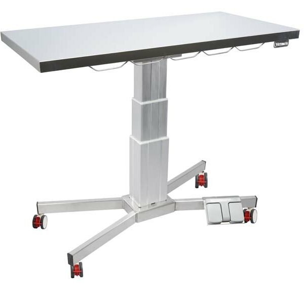 Table consultation pied X, plateau plat inox, 4 roues, colonne électrique