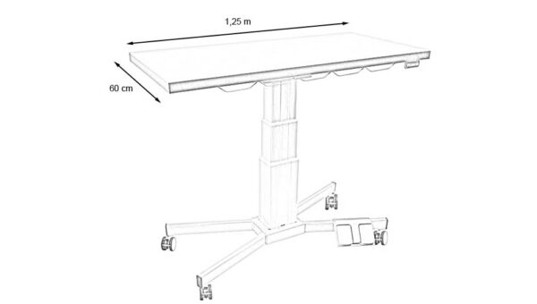 Table consultation pied X plateau plat inox, 4 roues, colonne électrique