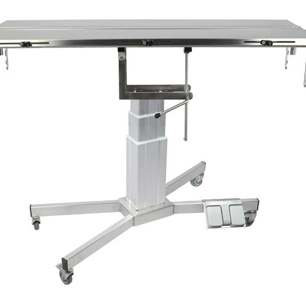 Table chirurgie pied X plateau en V, 4 roues, colonne électrique (Proclive – déclive manuelle)