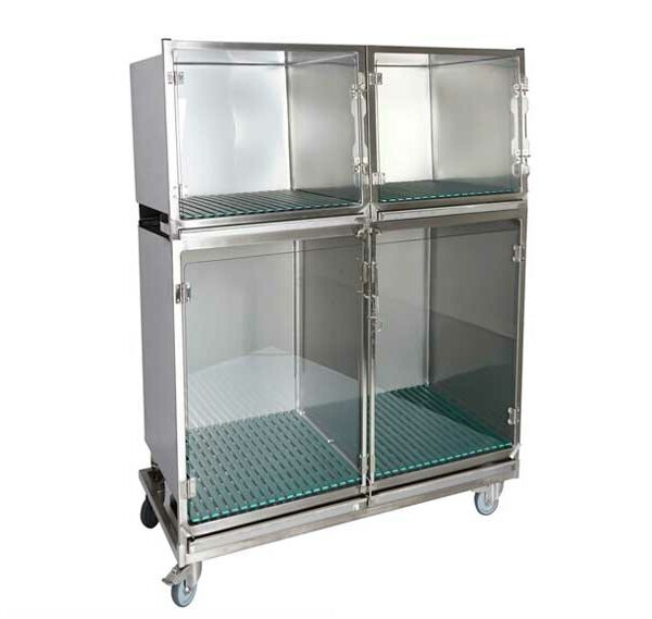 Ensemble 3 cages inox : 1E+2D porte verre + séparation + 1 châssis à roulettes