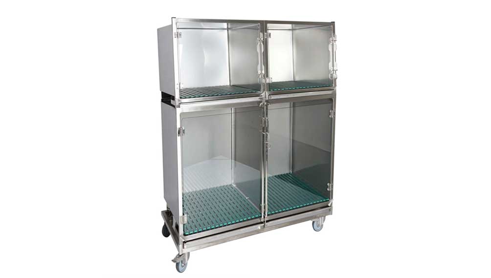 Ensemble 3 cages inox : 1E+2D porte grille inox + séparation + 1 châssis à roulettes