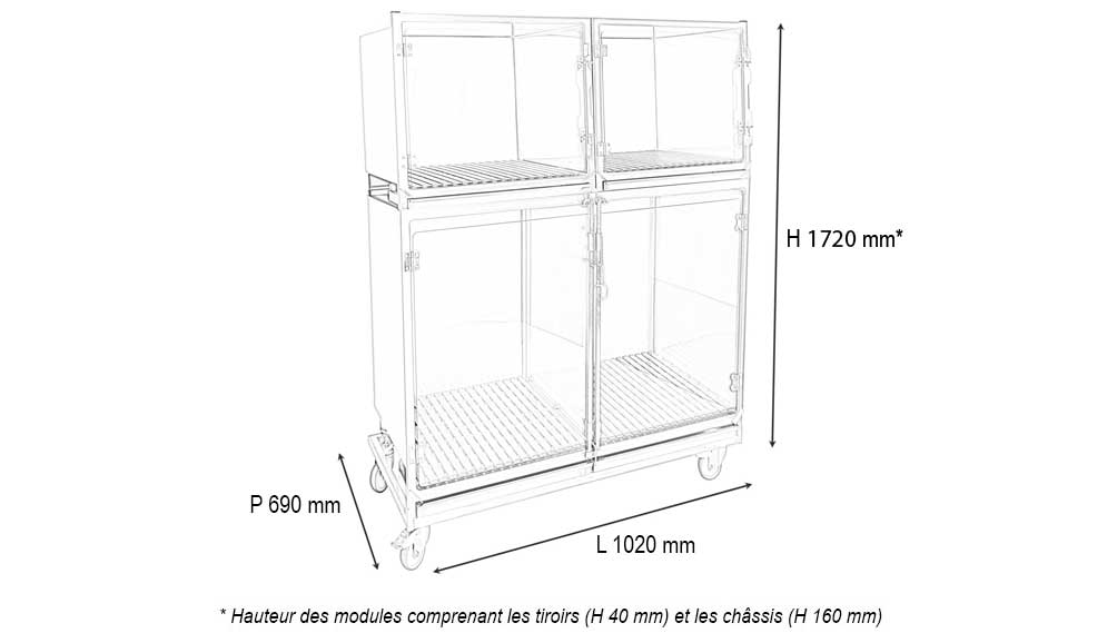 Ensemble 3 cages inox : 1E+2D porte grille inox + séparation + 1 châssis à roulettes