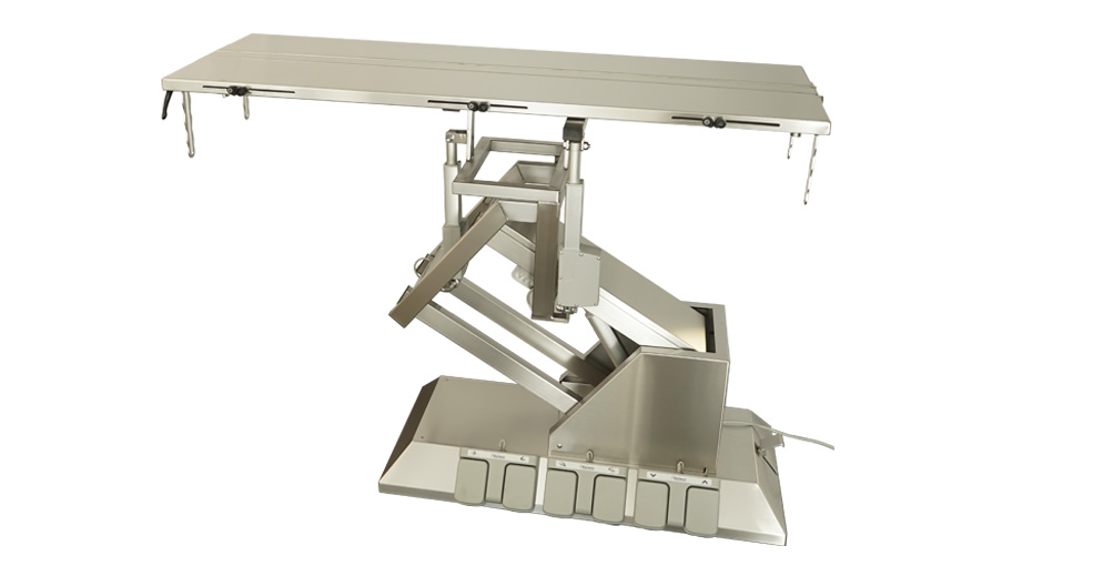 Table chirurgie ELITE plateaux inclinables en V 1400x530 4 roues + porte serum (Proclive - déclive électrique) inclinaison 3e sens