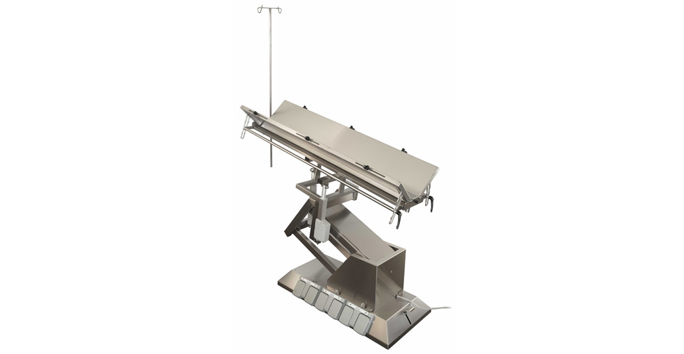 Table chirurgie ELITE plateaux inclinables en V 1400x530 4 roues + porte serum (Proclive - déclive électrique) inclinaison 3e sens