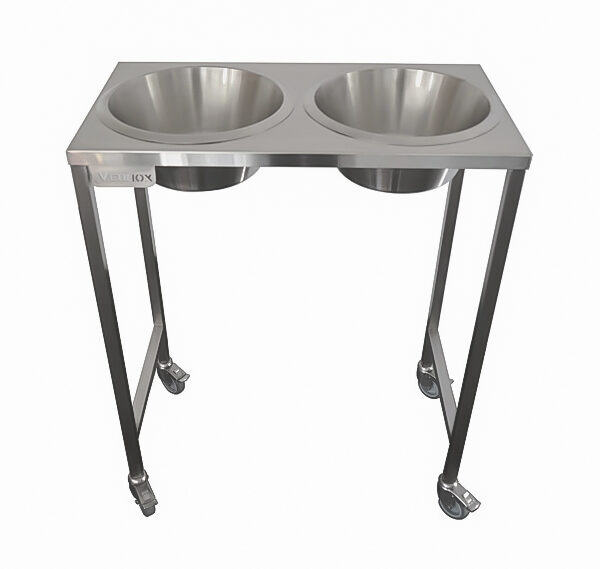 Stainless-steel table on wheels with 2 bins