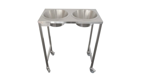 Table inox sur roues avec 2 poubelles