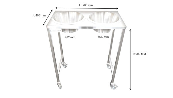 Table inox sur roues avec 2 poubelles