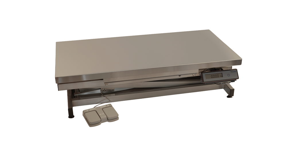 Table consultation électrique ELITE plateau plat INOX avec pesée, position basse
